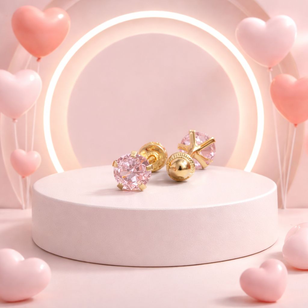 Broquel  Redondo Zirconia Rosa 4mm Oro 14K MX