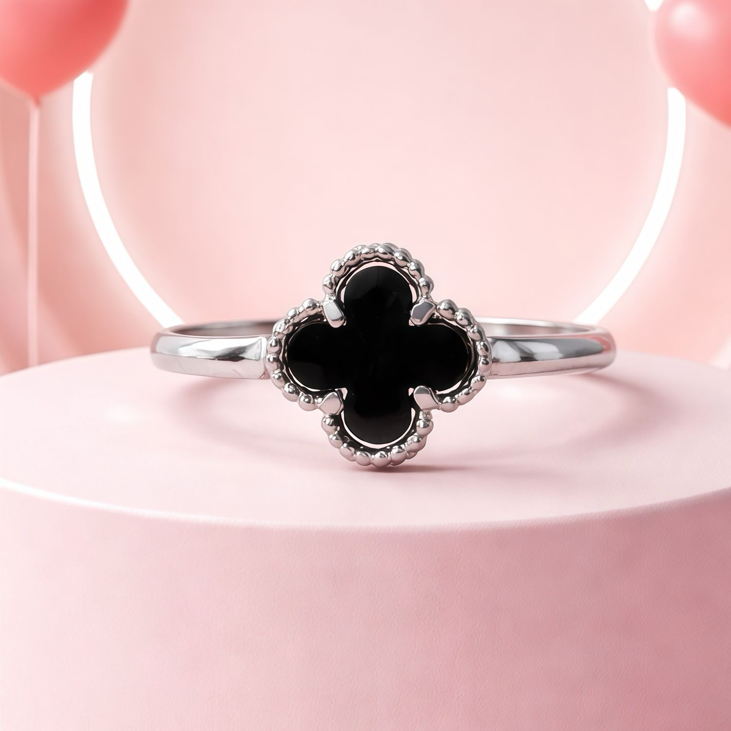 Anillo Trebol Negro en Plata 925 MX