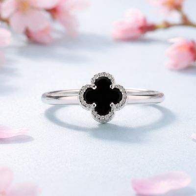 Anillo Trebol Negro en Plata 925 MX