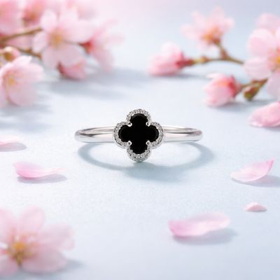 Anillo Trebol Negro en Plata 925 MX
