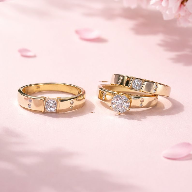 Set 3 Piezas Anillo y Argollas en plata con Chapa de oro 925 Koreano talla 7 y 10