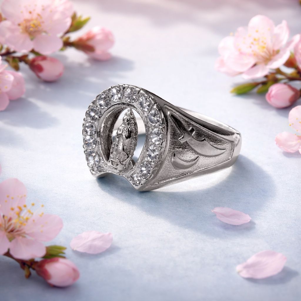 Anillo Herradura Virgen de Guadalupe tricolor PLATA .925 MX