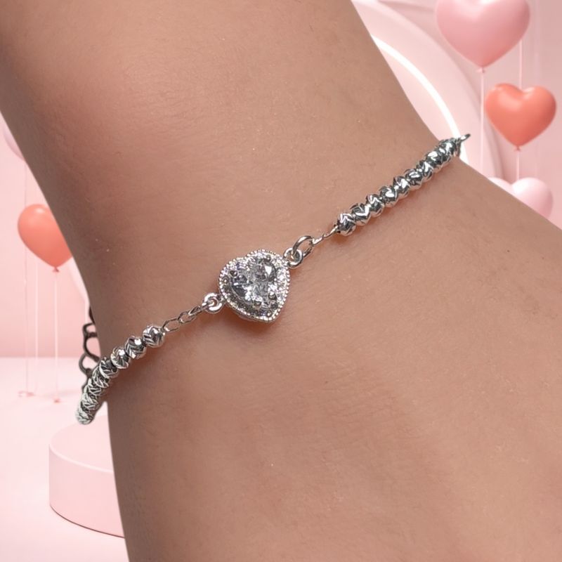 pulsera bola Facetada con Corazon Blanco mide 7.5CM Plata 925 MX