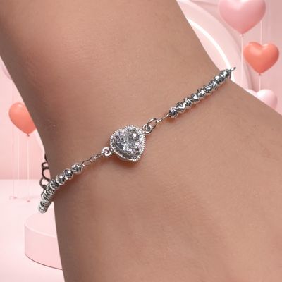 pulsera bola Facetada con Corazon Blanco mide 7.5CM Plata 925 MX