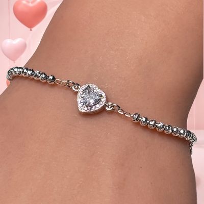 pulsera bola Facetada con Corazon Blanco mide 7.5CM Plata 925 MX