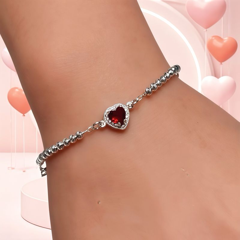 pulsera bola Facetada con Corazon Rojo mide 7.5CM Plata 925 MX