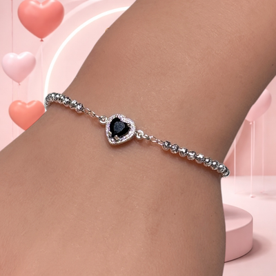 pulsera bola Facetada con Corazon Negro  mide 7.5CM Plata 925 MX
