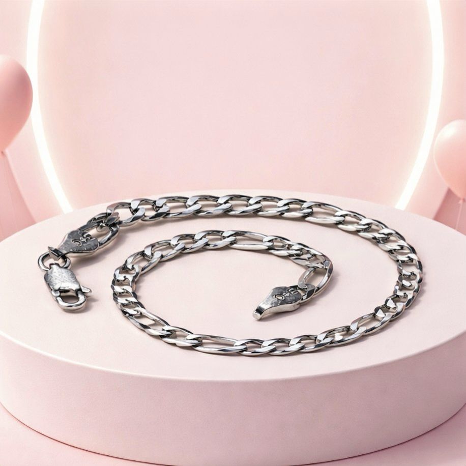 Pulsera Figaro 4mm de ancho, 7" de largo broche de perico Plata 925 Italiana