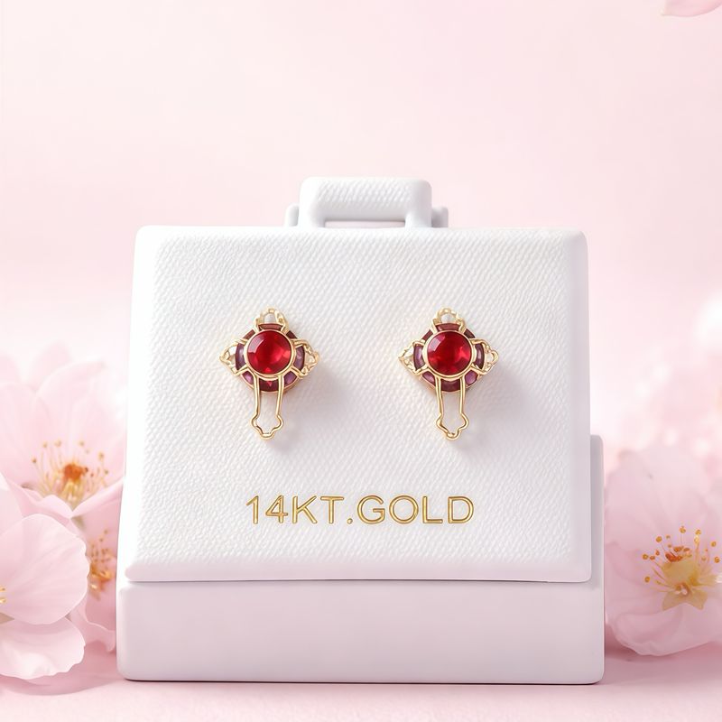 Broquel Cruz Grande 3D Roja 10MM Oro 14K