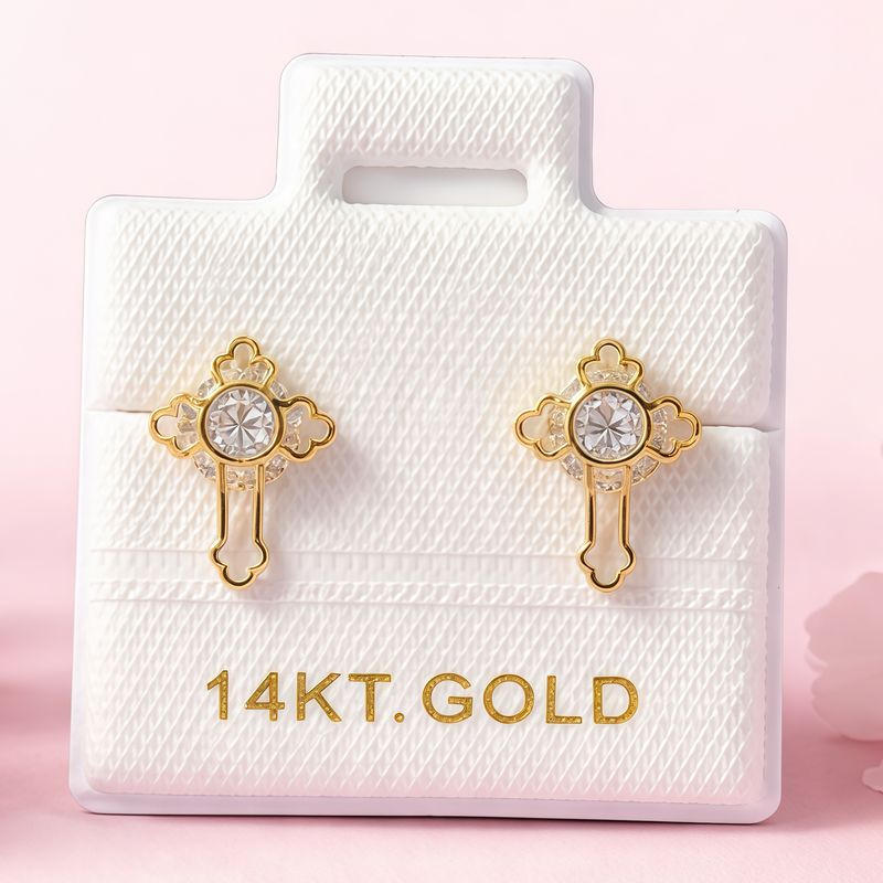 Broquel Cruz Grande 3D Blanca 10MM Oro 14K. MX