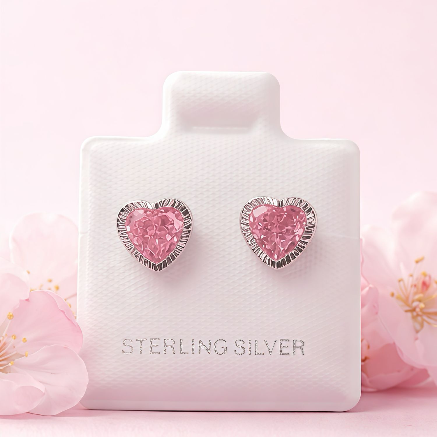 Broquel Corazon Biselado Diamantado Rosa 7Mm Plata 925 Mexicana