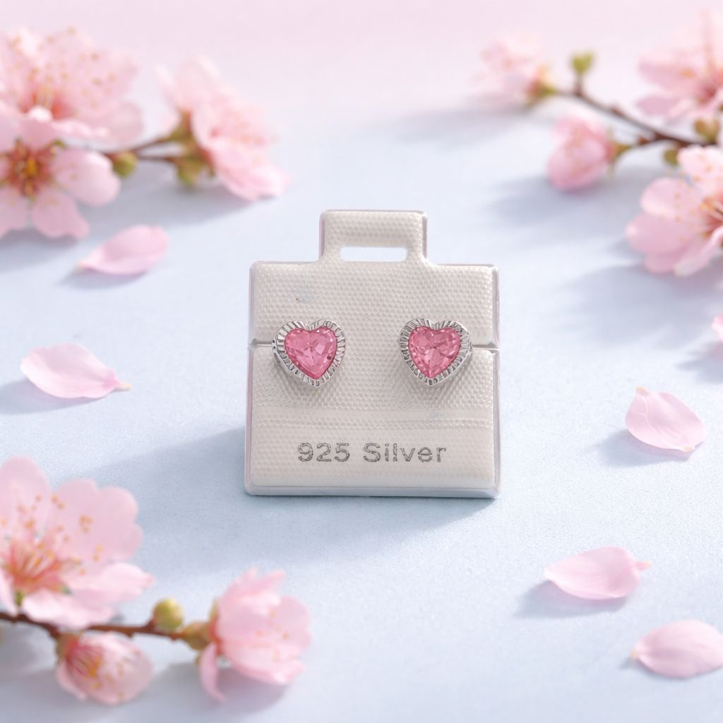 Broquel Corazon Biselado Diamantado Rosa 7Mm Plata 925 Mexicana