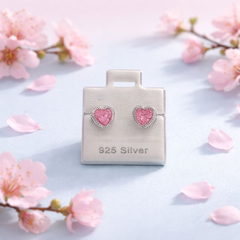 Broquel Corazon Biselado Diamantado Rosa 7Mm Plata 925 Mexicana