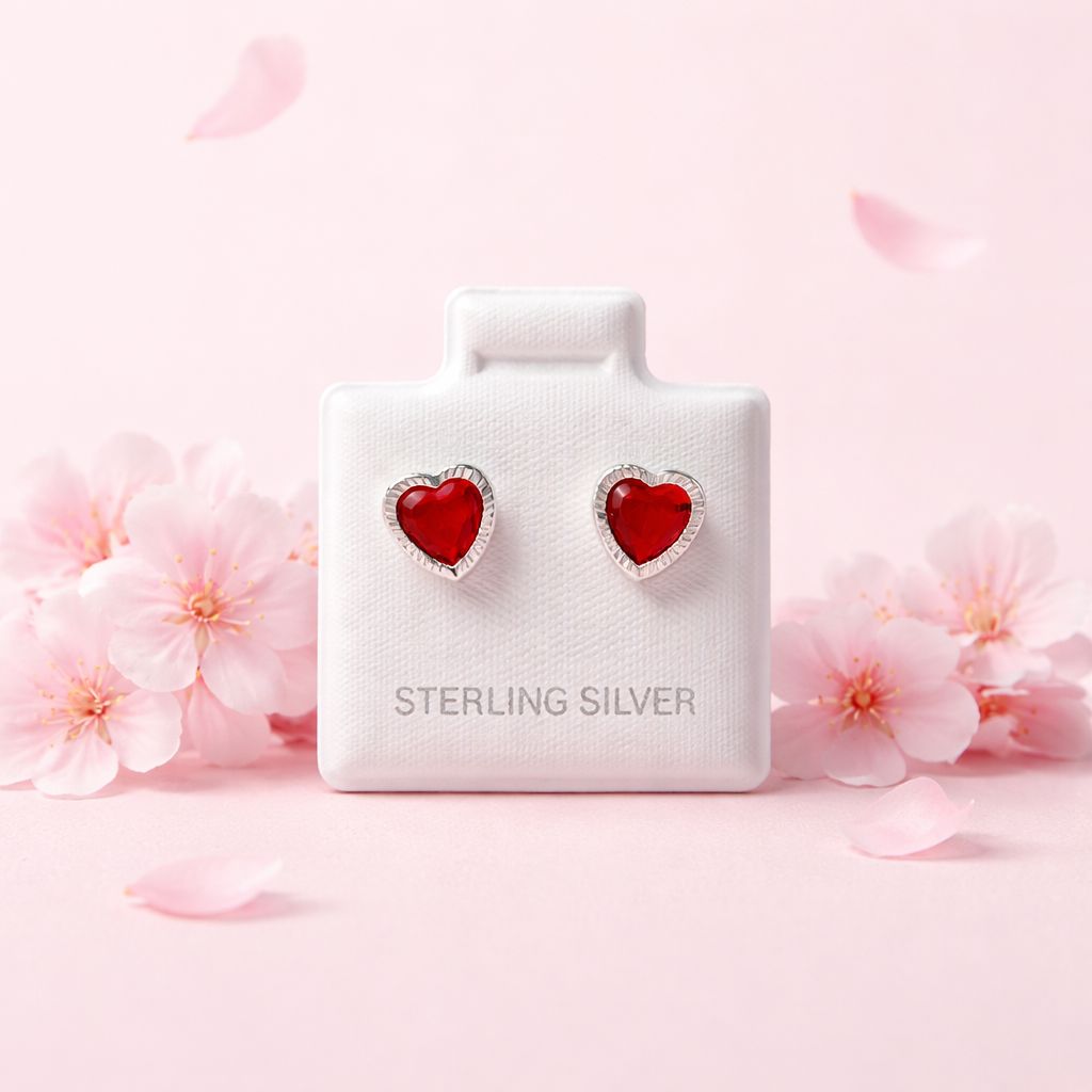 Broquel Corazon Biselado Diamantado RoJo 7Mm Plata 925 Mexicana