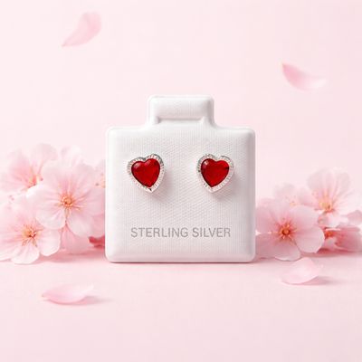 Broquel Corazon Biselado Diamantado RoJo 7Mm Plata 925 Mexicana