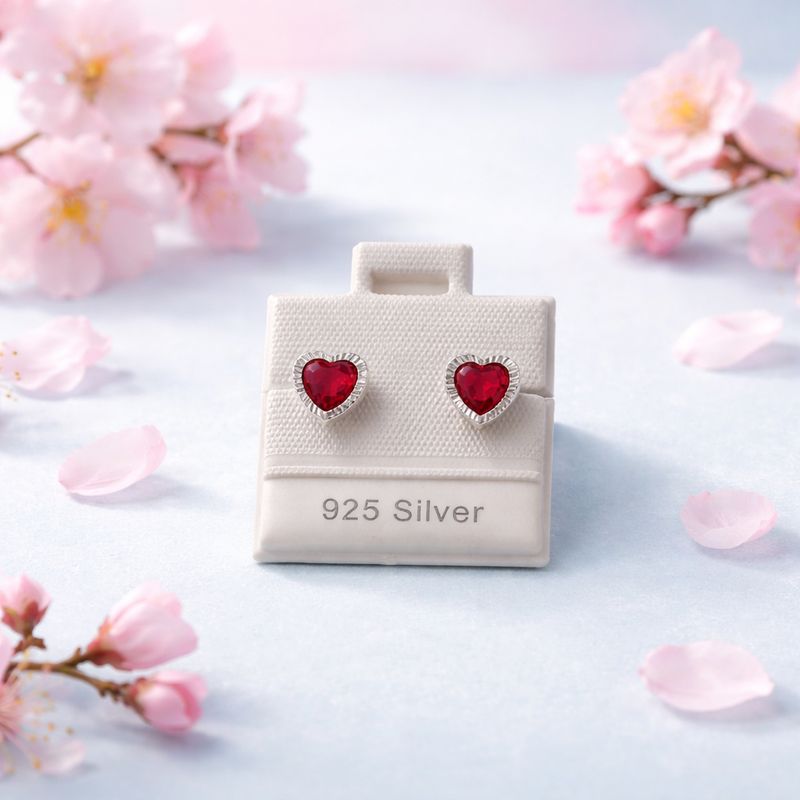Broquel Corazon Biselado Diamantado RoJo 7Mm Plata 925 Mexicana