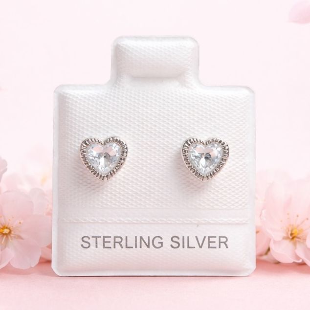 Broquel Corazon Biselado Diamantado Blanco 7Mm Plata 925 Mexicana