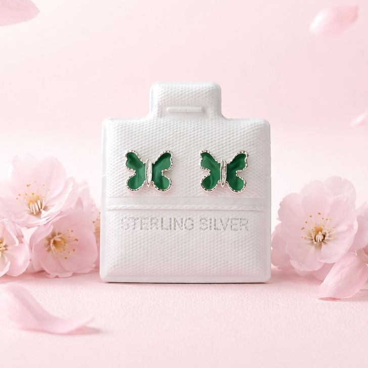 Broquel Mariposa Esmaltada Verde 8Mm Plata 925 Mexicana