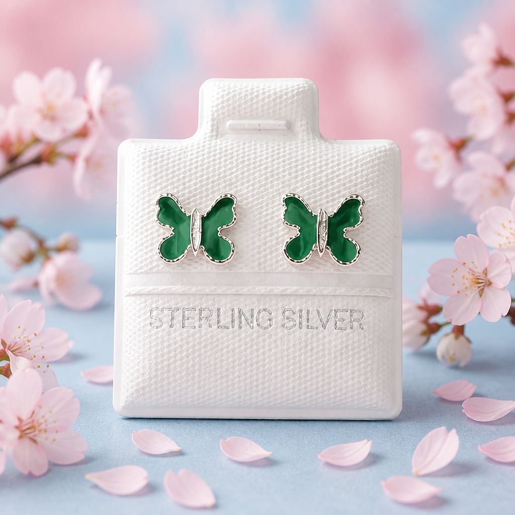 Broquel Mariposa Esmaltada Verde 8Mm Plata 925 Mexicana