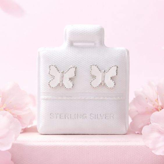 Broquel Mariposa Esmaltada Blanca 8Mm Plata 925 Mexicana