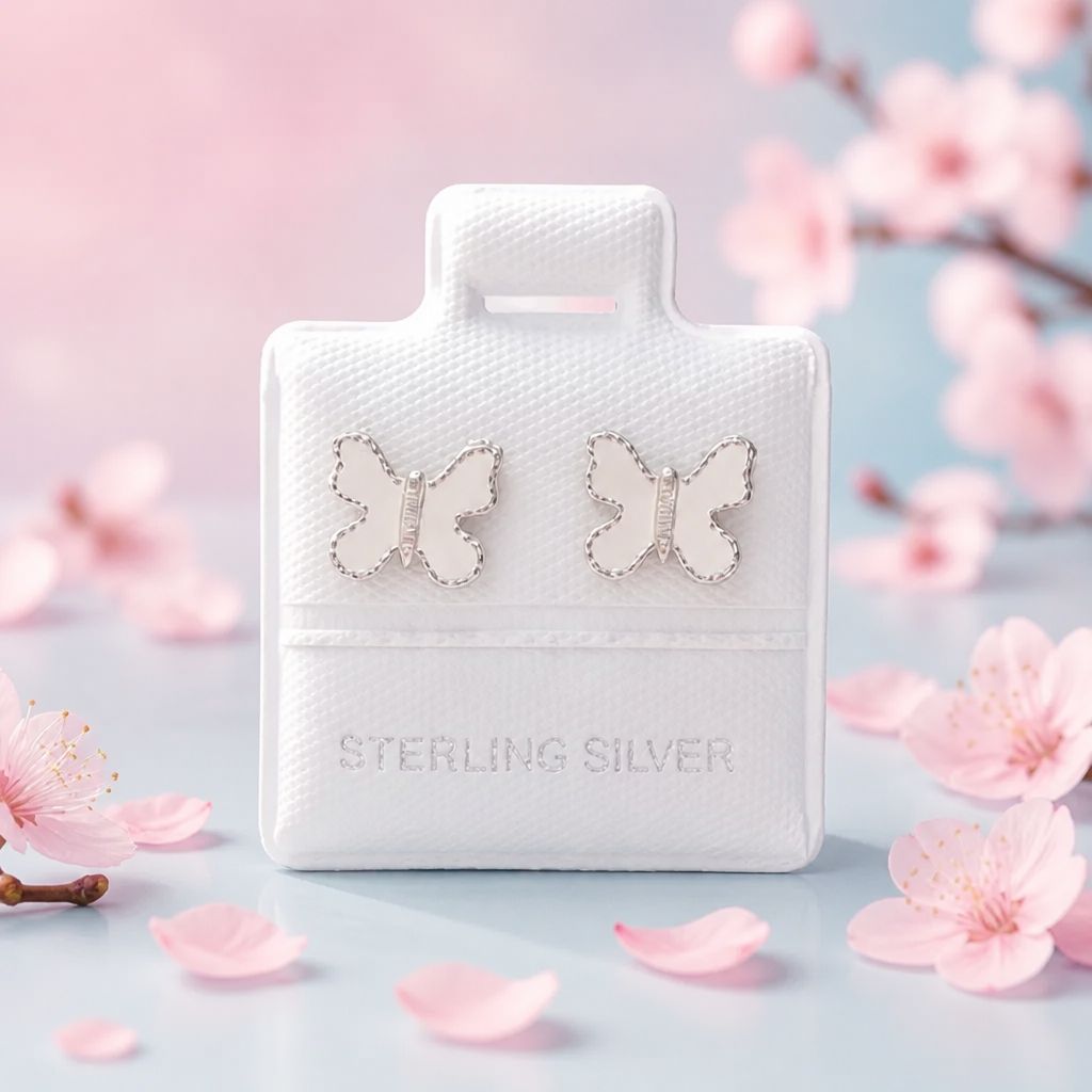 Broquel Mariposa Esmaltada Blanca 8Mm Plata 925 Mexicana