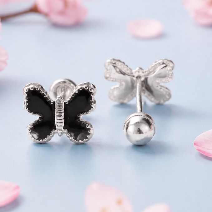 Broquel Mariposa Esmaltada Negra 8Mm Plata 925 Mexicana
