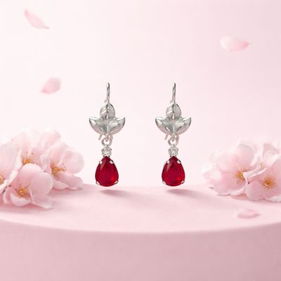 Arete Arillo Flor Gota Roja Plata 925