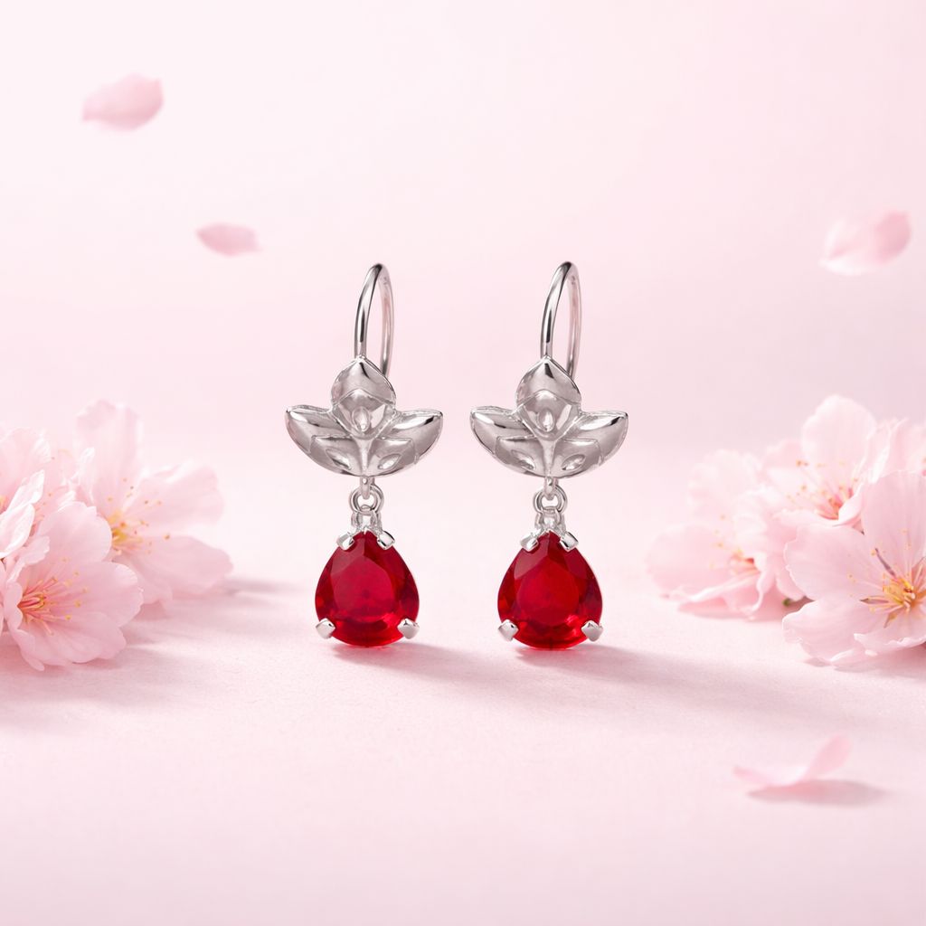 Arete Arillo Flor Gota Roja Plata 925