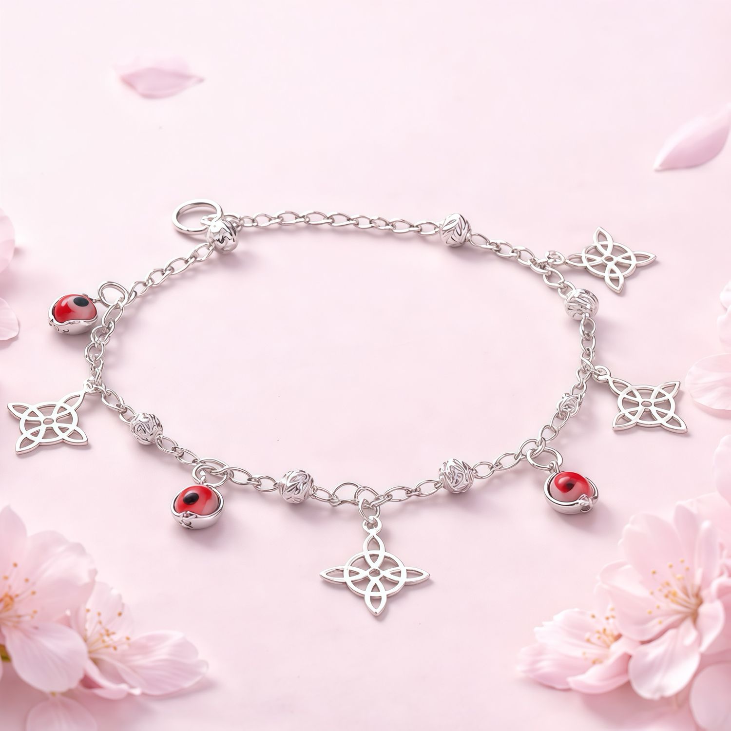 Pulsera Ojitos y Nudo de Bruja mide 7"  Plata 925 MX