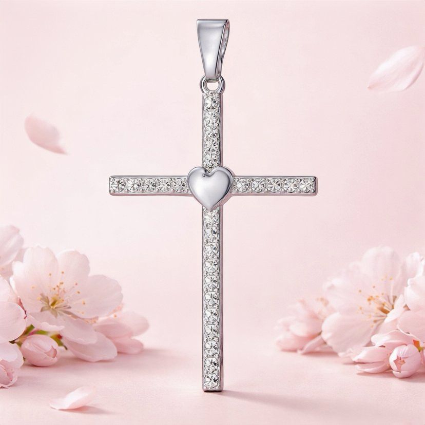 Dije Cruz Corazon Micropabe  Mide 5cm Plata 925 Mexicana