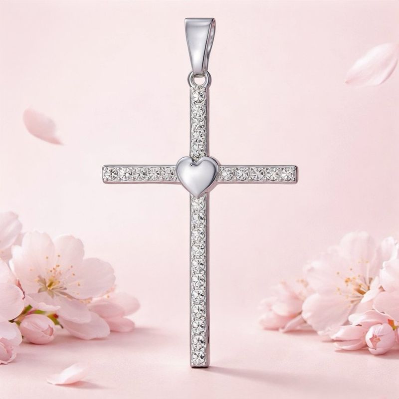 Dije Cruz Corazon Micropabe  Mide 5cm Plata 925 Mexicana