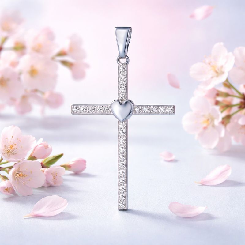 Dije Cruz Corazon Micropabe  Mide 5cm Plata 925 Mexicana