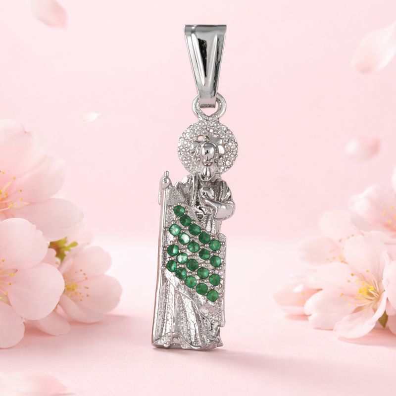 Dije San Judas manto Verde mide 4 CM Plata 925 Mexicana