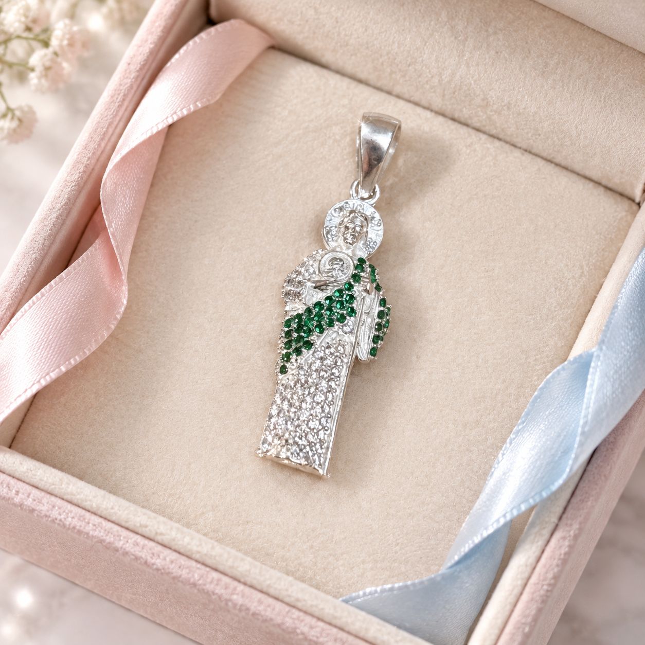 Dije San Judas manto Verde mide 4.5CM Plata 925 Mexicana