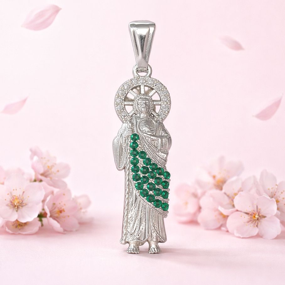 Dije San Judas manto Verde mide 4.5 CM Plata 925 Mexicana