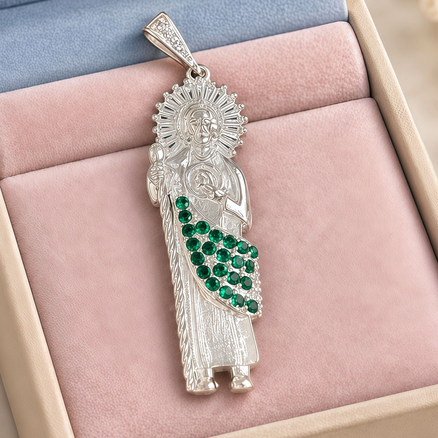Dije San Judas manto Verde mide 6CM Plata 925 Mexicana