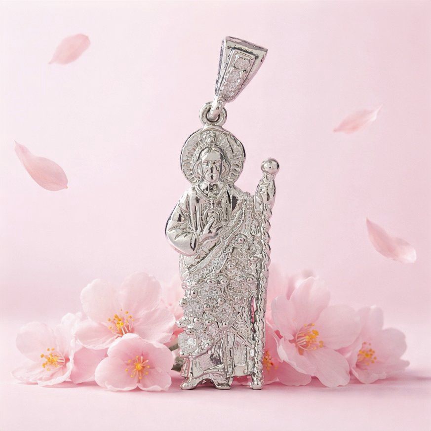 Dije San Judas Zirconia Blanca  mide 5CM Plata 925 Mexicana