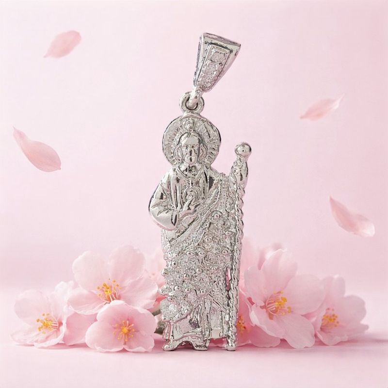 Dije San Judas Zirconia Blanca  mide 5CM Plata 925 Mexicana