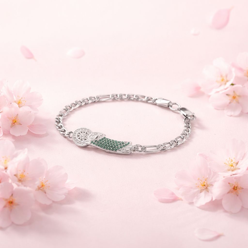 Pulsera Estilo Figaro San Judas Manto verde mide 6.5" Plata Mexicana