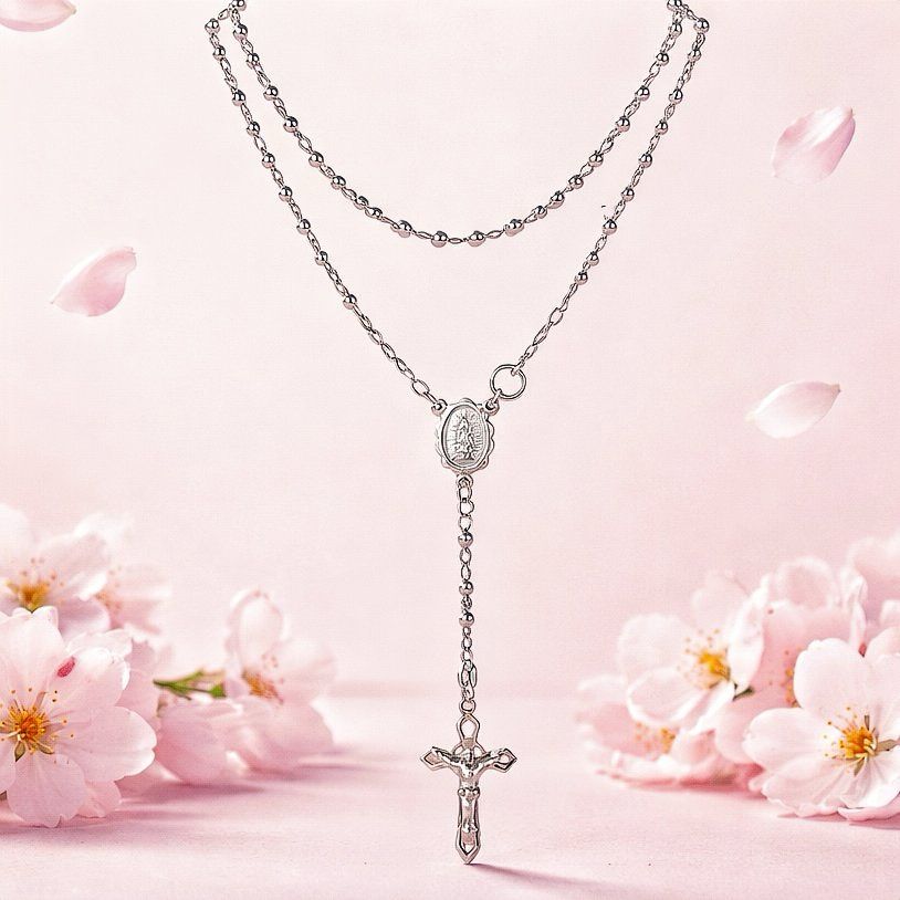 Rosario Bola lisa 3mm 18" de largo 24 en total Virgen de Guadalupe Plata 925 MX