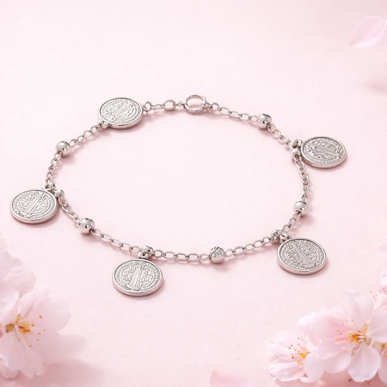 Pulsera medallas San Benito mide 7" Plata 925 Mexicana