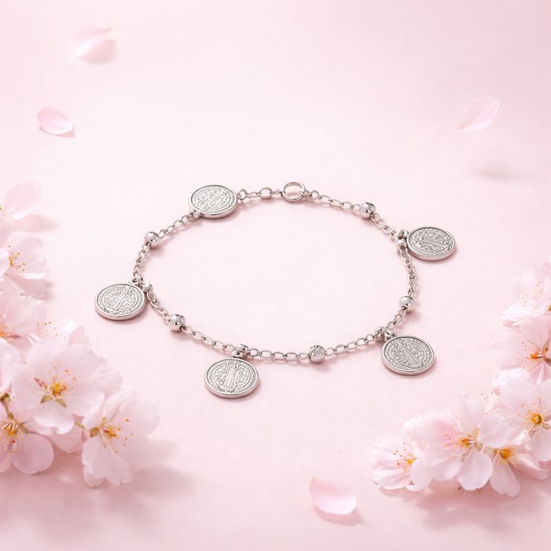 Pulsera medallas San Benito mide 7" Plata 925 Mexicana