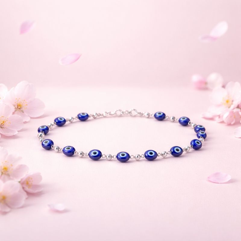 Tobillera Cristal de Munano ojito azul mide 9.5" Plata 925 Mexicana