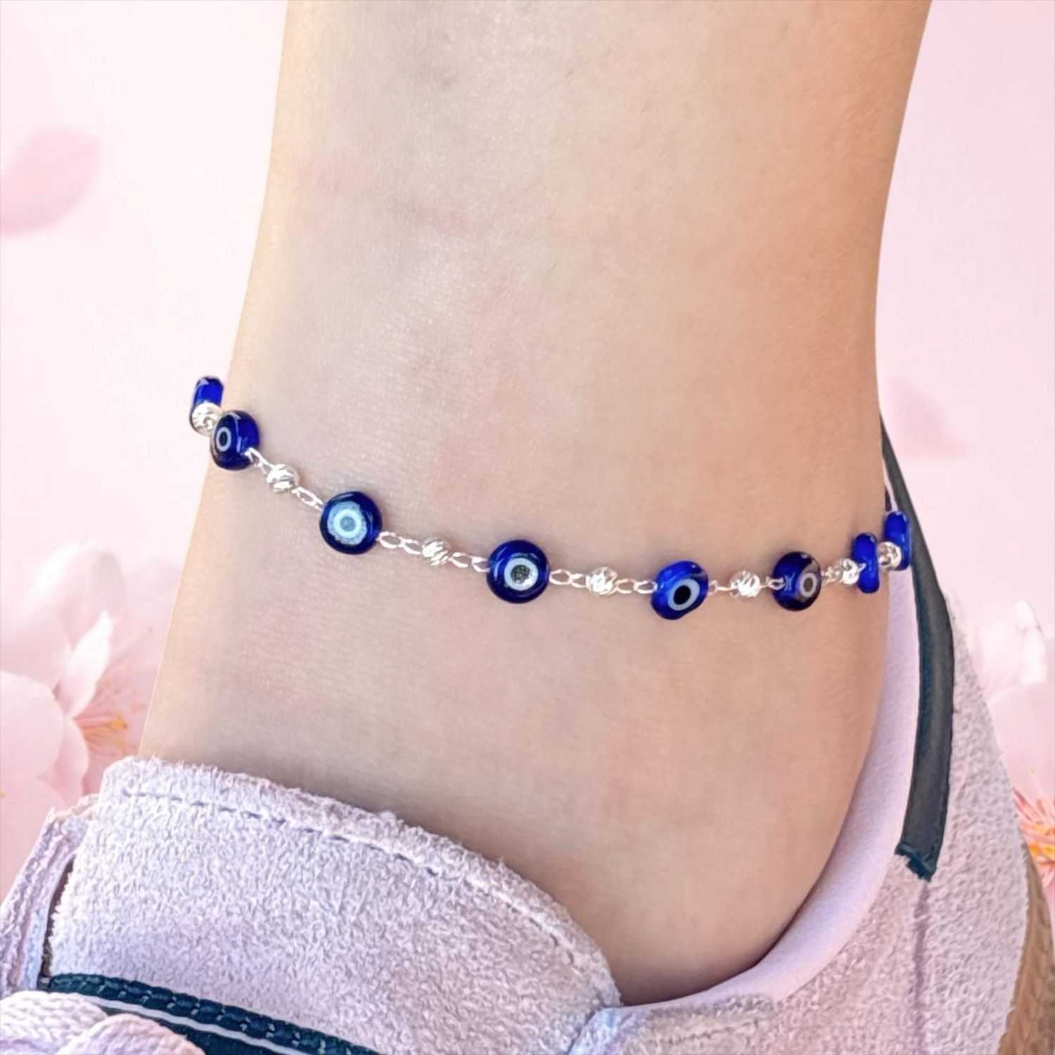 Tobillera Cristal de Munano ojito azul mide 9.5" Plata 925 Mexicana