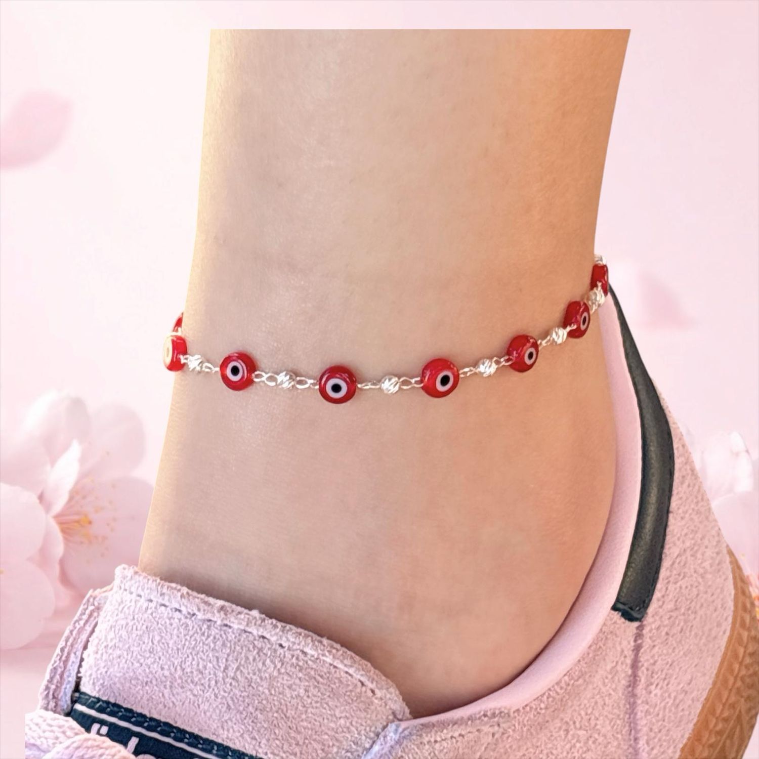 Tobillera Cristal de Munano ojito Rojo mide 9.5" Plata 925 Mexicana