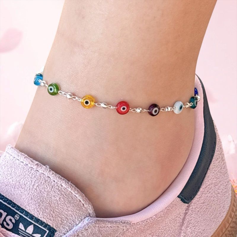 Tobillera Cristal de Munano ojito Multicolor mide 9.5" Plata 925 Mexicana