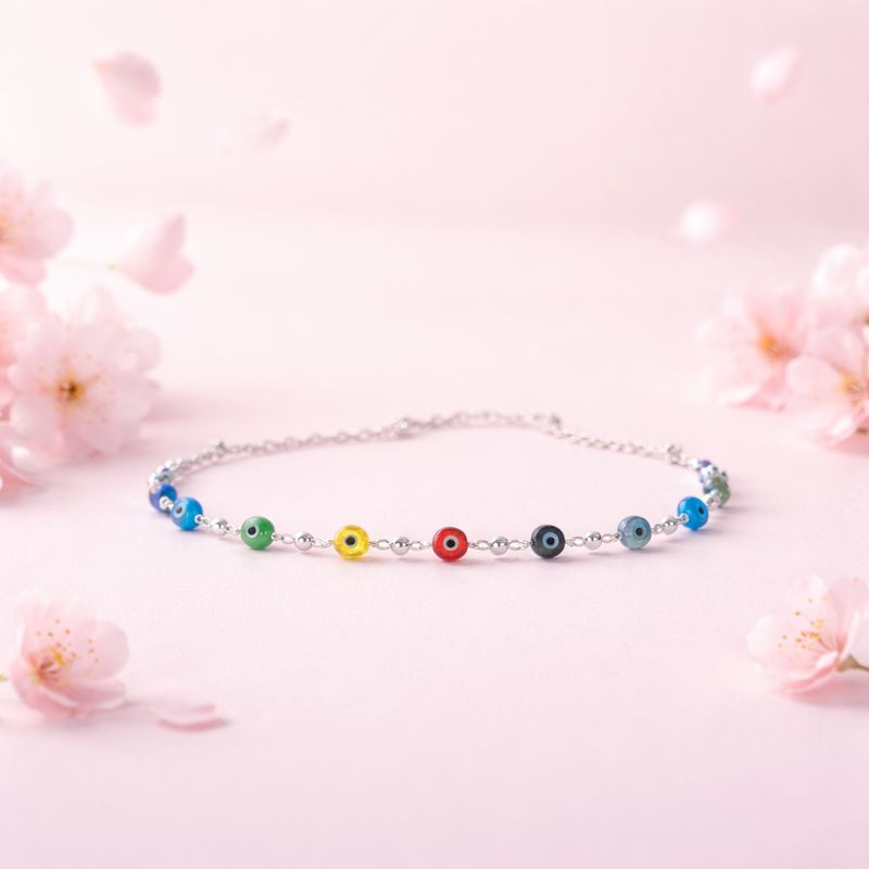 Tobillera Cristal de Munano ojito Multicolor mide 9.5" Plata 925 Mexicana