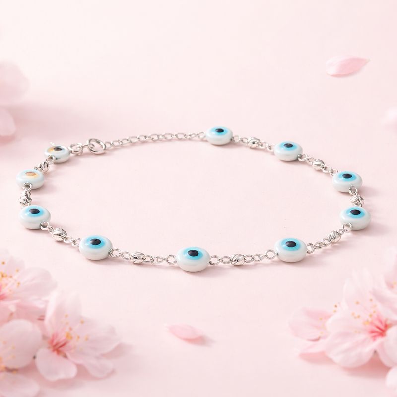 Tobillera Cristal de Munano ojito Blanco mide 9.5" Plata 925 Mexicana