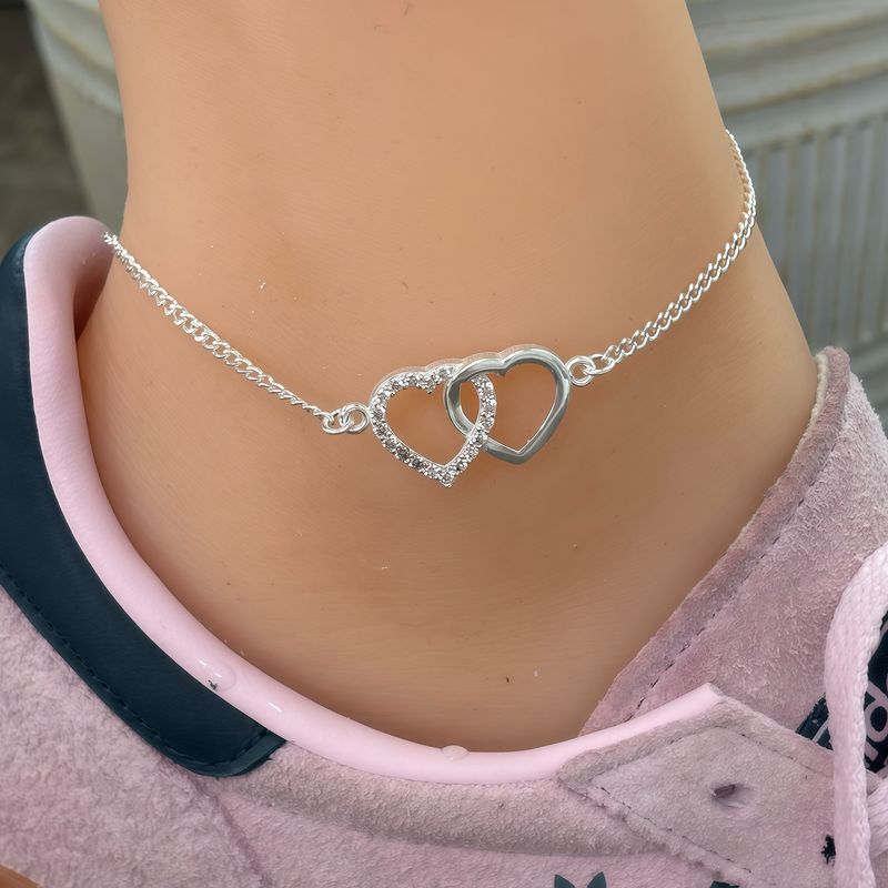 Tobillera Doble Corazon XO con Zirconias mide 10'" Plata 925 Mexicana