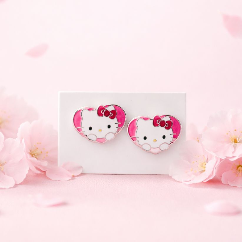 Arete Gatita Rosa Esmaltado Artesanal mide 1.6cm abroche de mariposa  Plata 925 Mexicana 